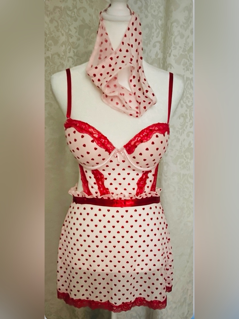 Carrie Amber Apron Babydoll Set Heart-Print Lace Trim pattern Size L